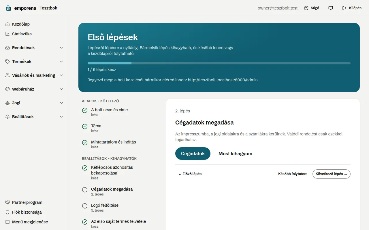 Az Első lépések oldal a lépések listájával és a haladásjelzővel