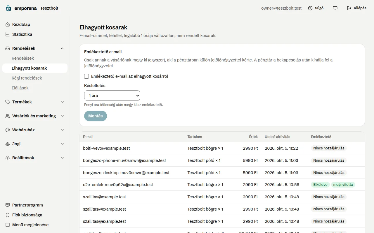 Az Elhagyott kosarak oldal az emlékeztető beállításával és a listával