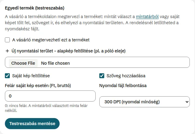 Az Egyedi termék (testreszabás) kártya a termék adatlapján