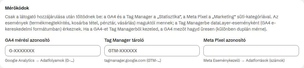 A Mérőkódok kártya a Bolt funkciók oldalon