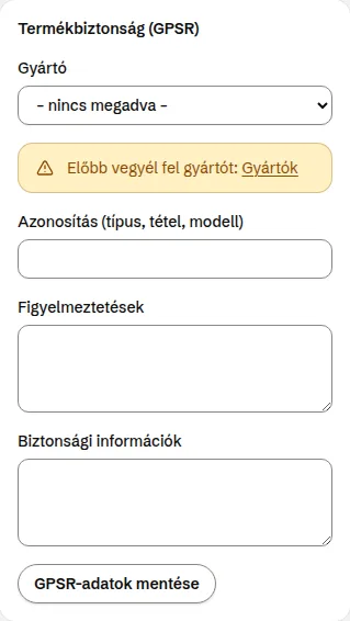 A Termékbiztonság (GPSR) kártya a termék adatlapján