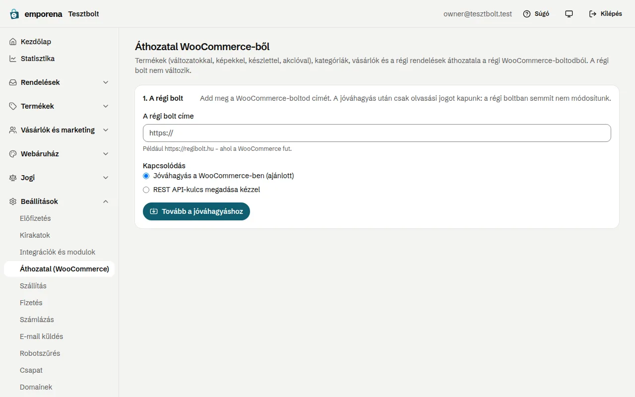 Az Áthozatal WooCommerce-ből oldal