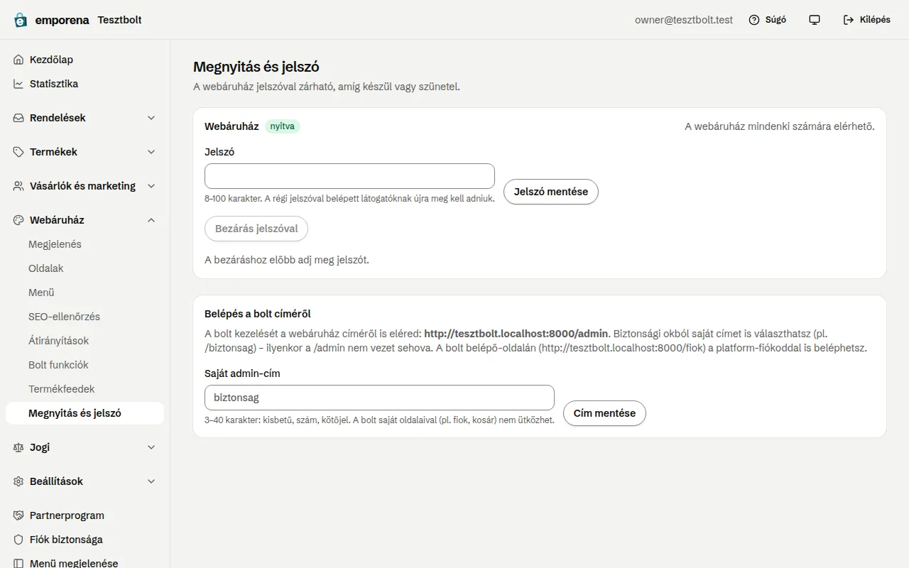 A Megnyitás és jelszó oldal