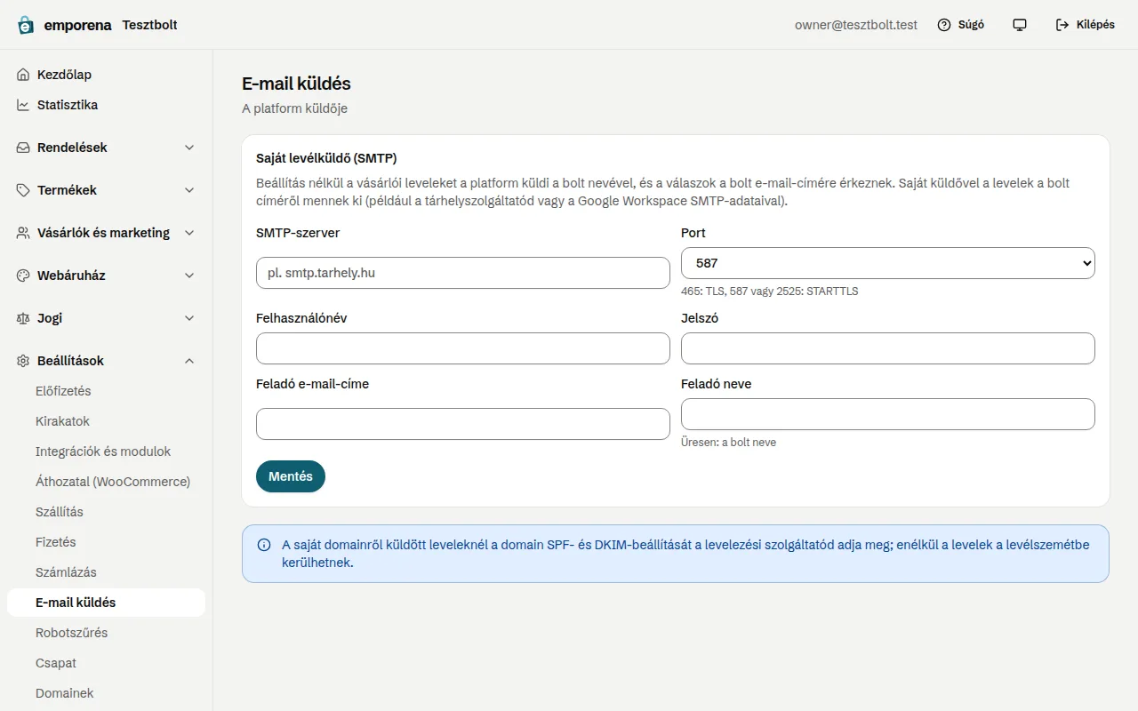 Az E-mail küldés oldal