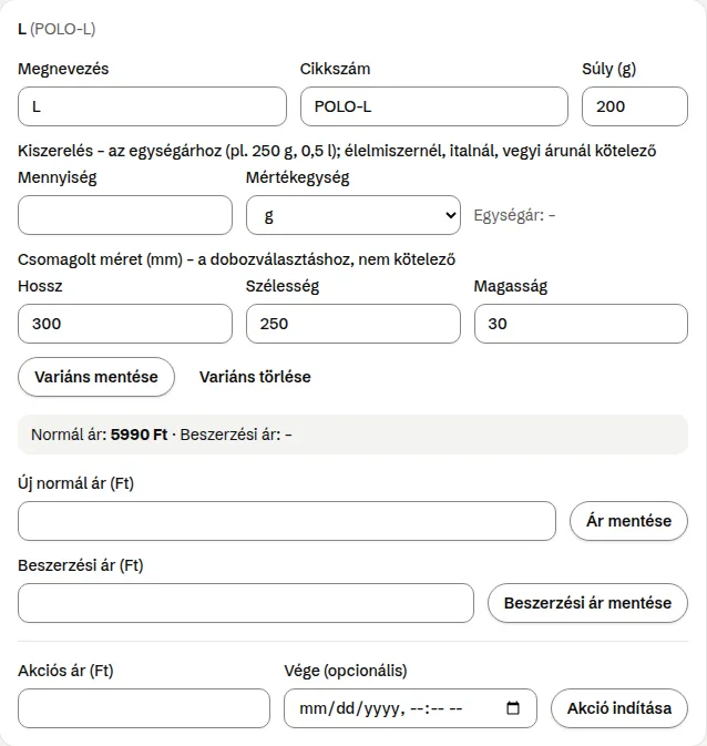 Egy variáns kártyája a termék adatlapján