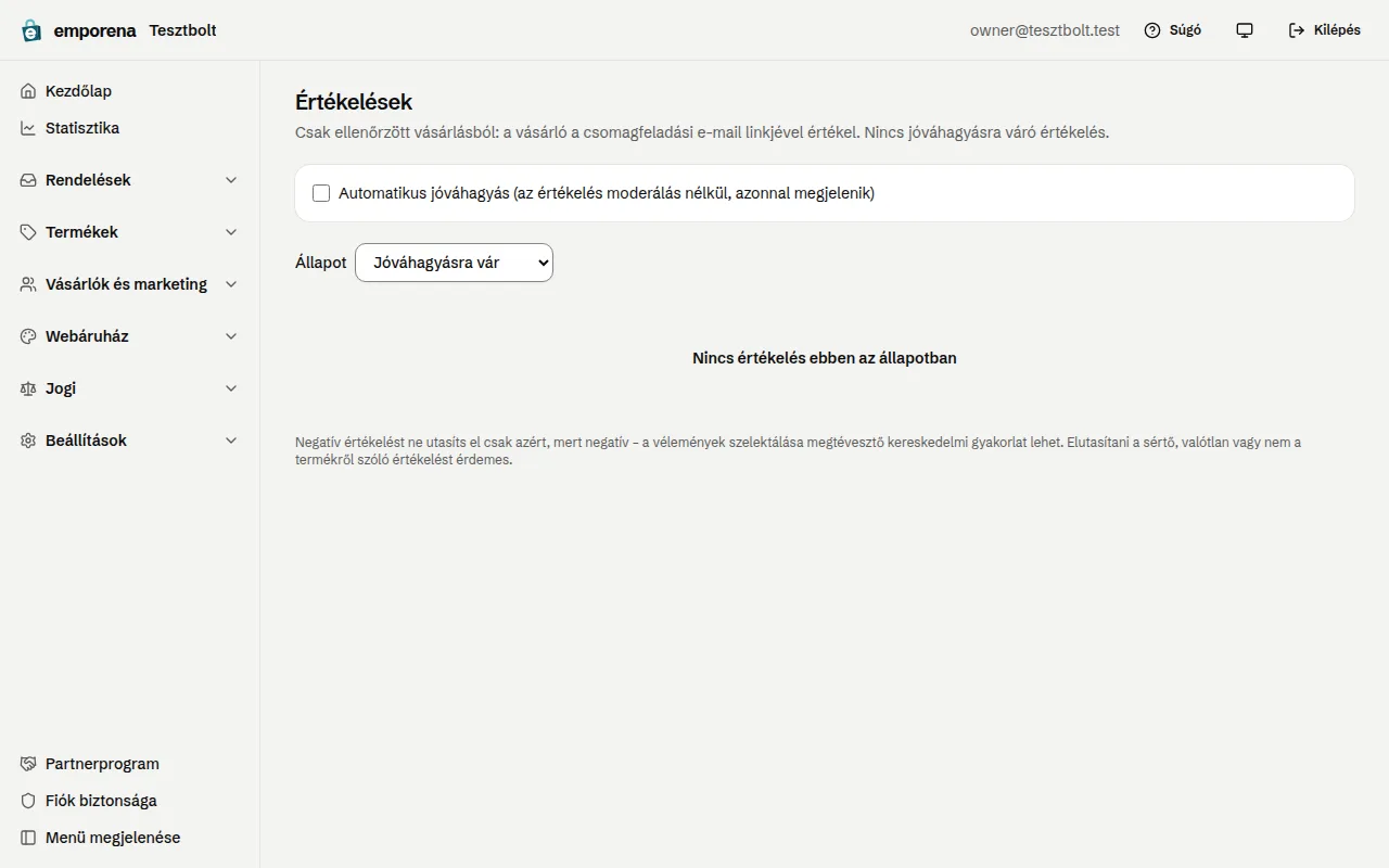 Az Értékelések oldal