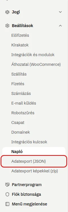 A menü Beállítások csoportja az Adatexport linkekkel