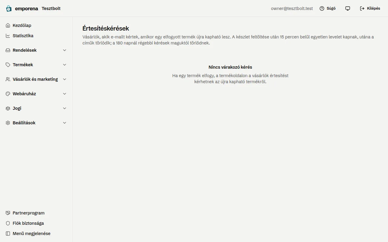Az Értesítéskérések oldal