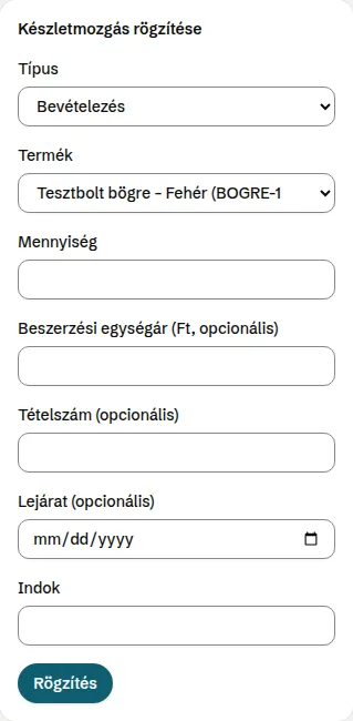 A Készletmozgás rögzítése űrlap
