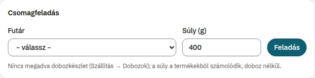 A Csomagfeladás kártya a rendelés oldalán