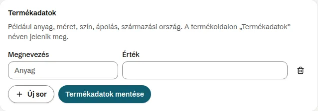 A Termékadatok kártya